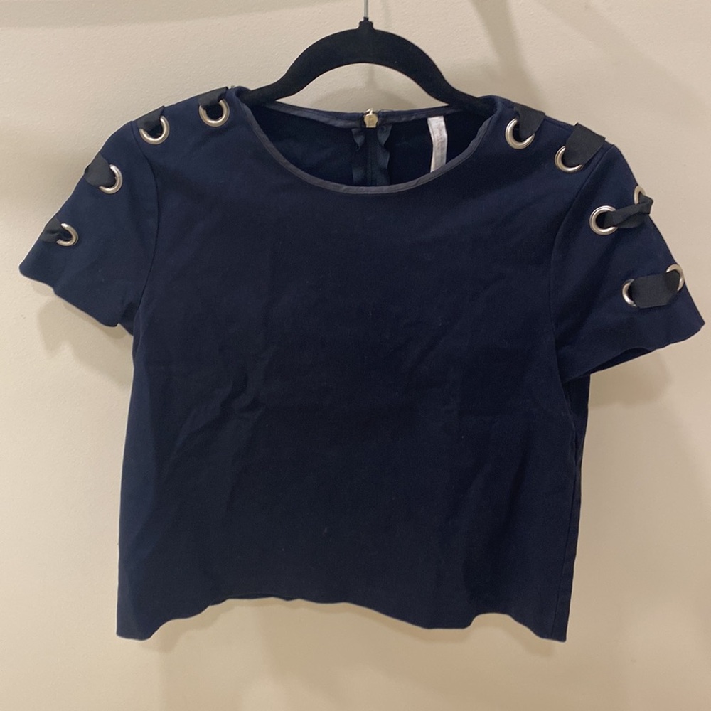 Zara Women’s Dark Blue Blouse Medium with Silver Hoops with Ribbon Sleeves